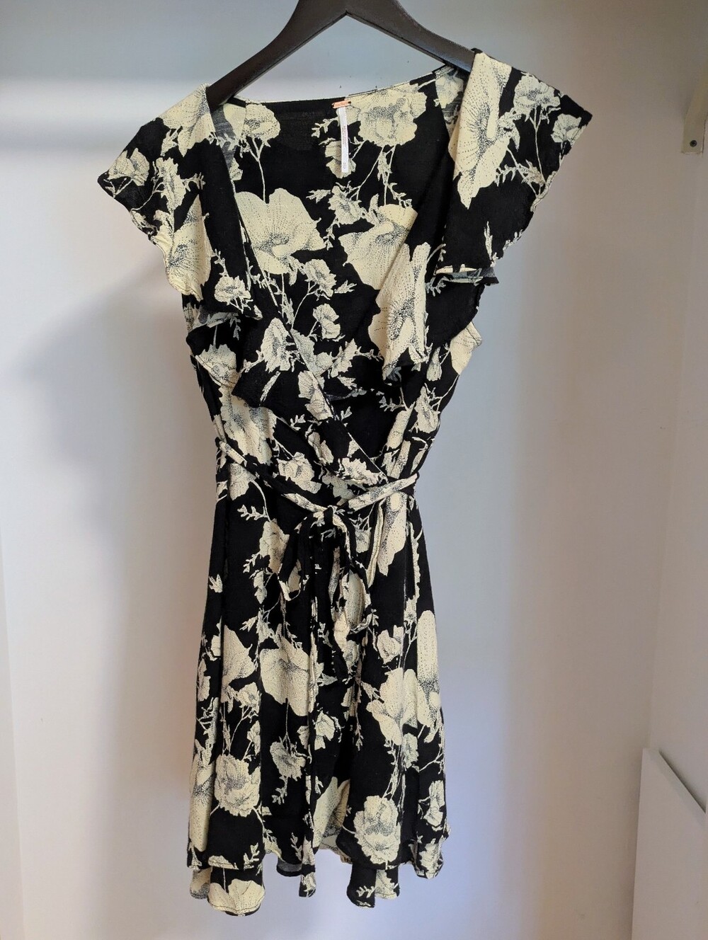 Free People French Quarter Wrap Dress Black and Cream floral with ruffles size M
